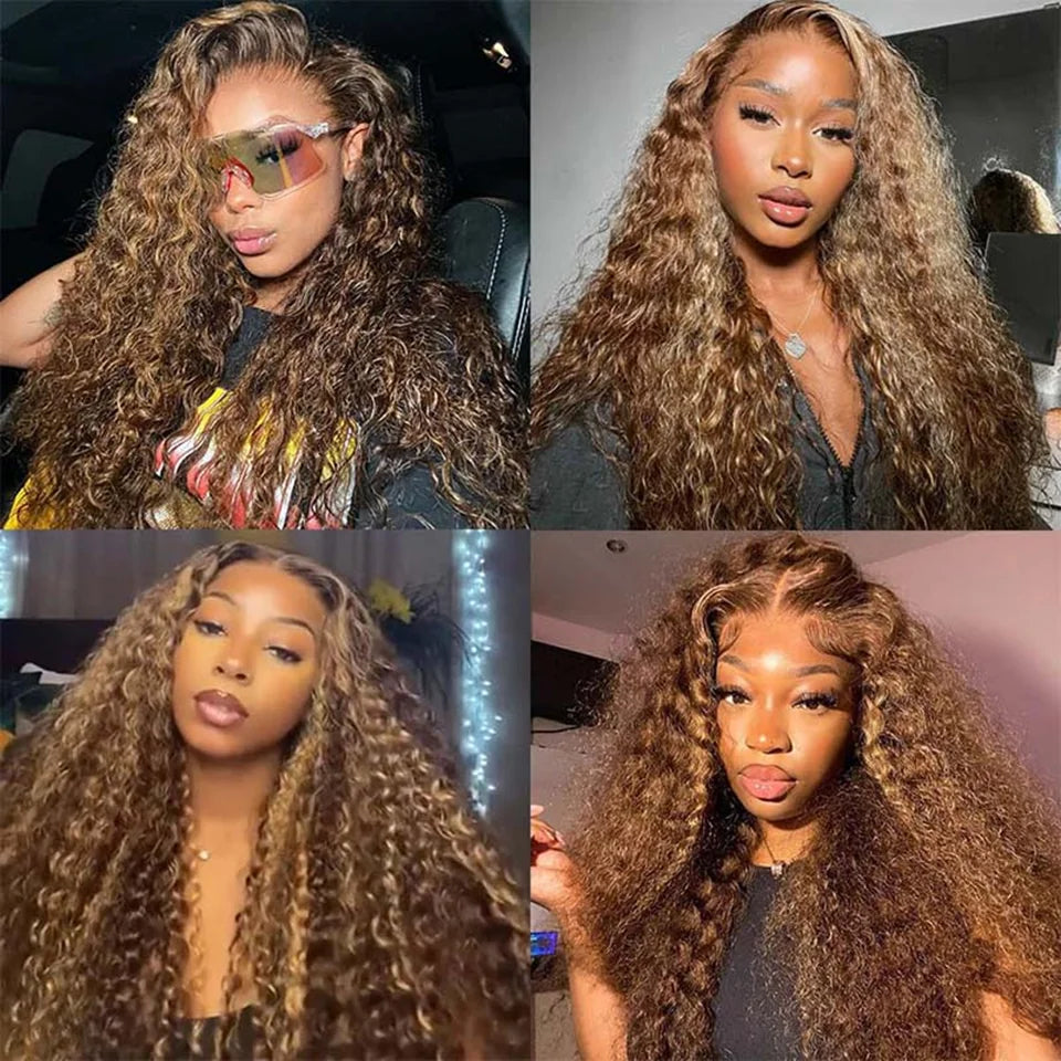 Deep Wave Highlight Lace Front Wigs Human Hair 200 Density Deep Curly Ombre Honey Blonde 4/27 13x6 HD Transparent Lace Front Wig