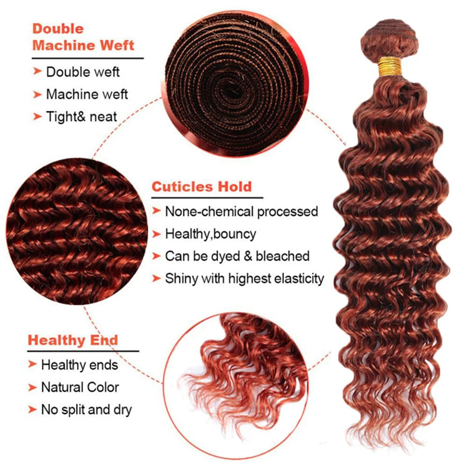 Reddish Brown Bundles Color #33 Deep Wave Human Hair 1/3/4 Bundles Brazilian Virgin Copper Brown Deep Wave Bundles Human Hair