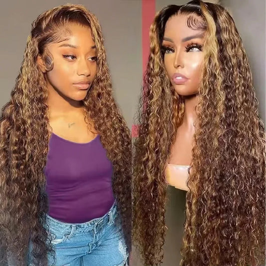 30 Inch Highlight Wig 4/27 Brown Ombre Deep Wave Human Hair Wigs 13x6 HD Lace Frontal Wig 220 Density Transparent Lace Front Wig