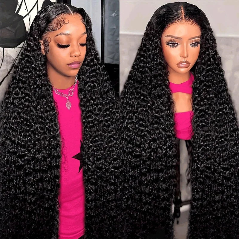 250 Density Deep Curly Human Hair Wig 13x4 HD Transparent Lace Frontal Wig Deep Wave Human Hair Wig Natural Baby Hair Around#1B