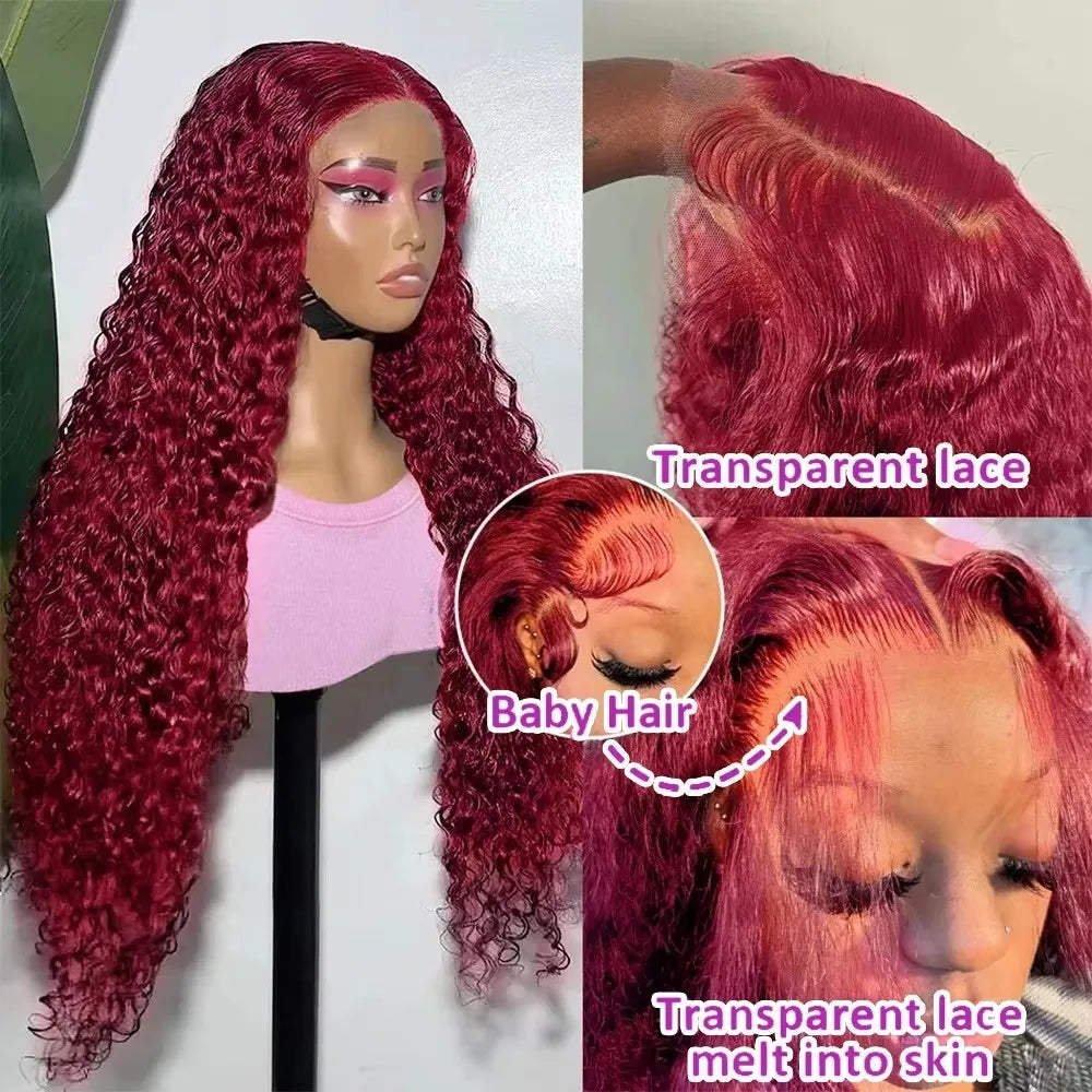 30 40 Inch 99J Burgundy Curly 13x6 HD Lace Frontal Wigs Human Hair Brazilian 13x4 Colored Deep Wave Frontal Wig For Women
