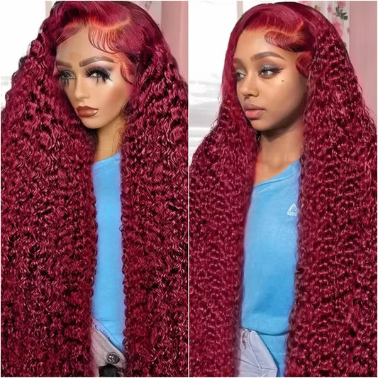 Deep Wave 200 Density Burgundy 13x6 Lace Frontal Curly Human Hair Wig For Women Red Colored 13x4 HD Lace Water Wave Frontal Wigs