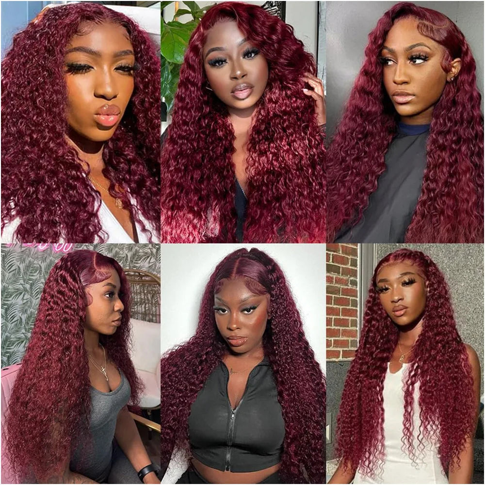 Deep Wave 200 Density Burgundy 13x6 Lace Frontal Curly Human Hair Wig For Women Red Colored 13x4 HD Lace Water Wave Frontal Wigs