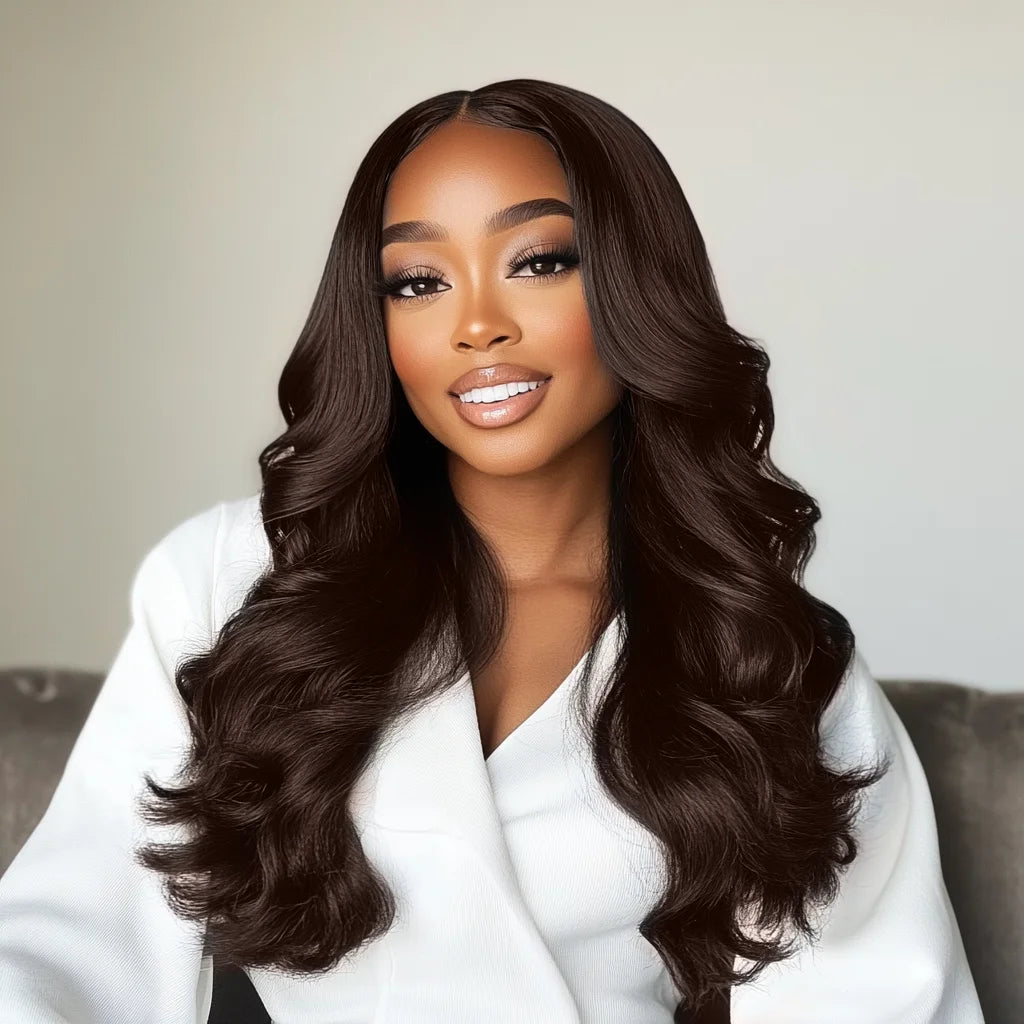 Brazilian Body Wave Human Hair Wig 32" Dark Chocolate Brown HD Lace Front Middle Part Pre-Plucked Natural Looking
