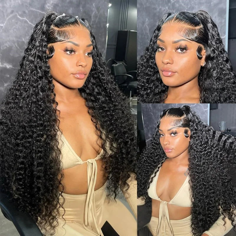 250 Density Deep Curly Human Hair Wig 13x4 HD Transparent Lace Frontal Wig Deep Wave Human Hair Wig Natural Baby Hair Around#1B
