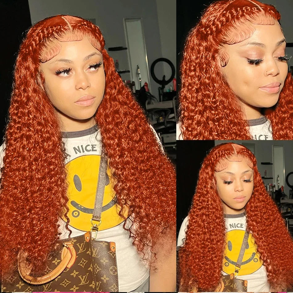 250 Density Orange Ginger 13x6 Transparent Deep Wave Lace Frontal Human Hair Wig 30 40 Inch 13x4 Lace Front Wigs For Women