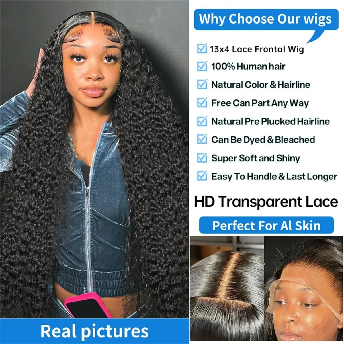 Women's Water Curly 13X4 HD Transparent Front Human Hair Wigs Deep Wave 13X4 Lace Frontal Wig