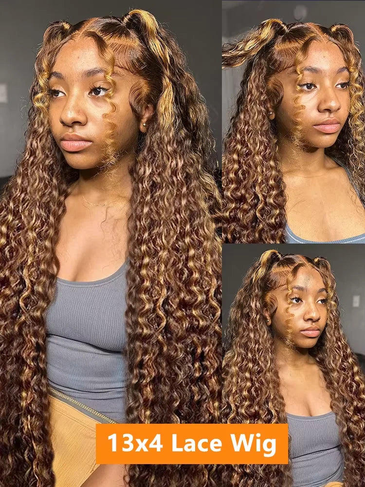 4/27 Highlight Ombre 5x5 Glueless Human Hair Wigs Curly 32 42 Inch Brown Deep Wave 13x6 13x4 HD Lace Frontal Human Hair Wig