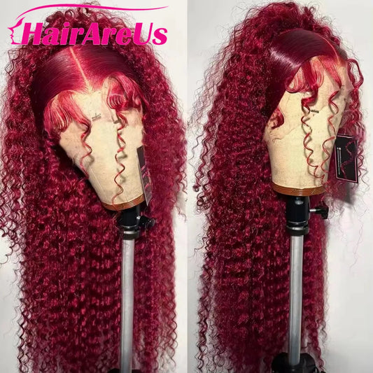 Burgundy 13x6 Hd Lace Frontal Human Hair Wig Deep Wave Curly Wigs For Women Water Wave Colored 99j Red 13x4 Lace Front Wig