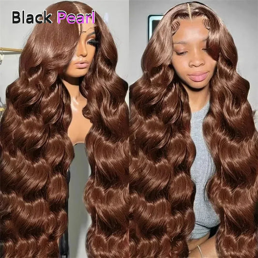 Brazilian Body Wave Human Hair Wig 32" Dark Chocolate Brown HD Lace Front Middle Part Pre-Plucked Natural Looking