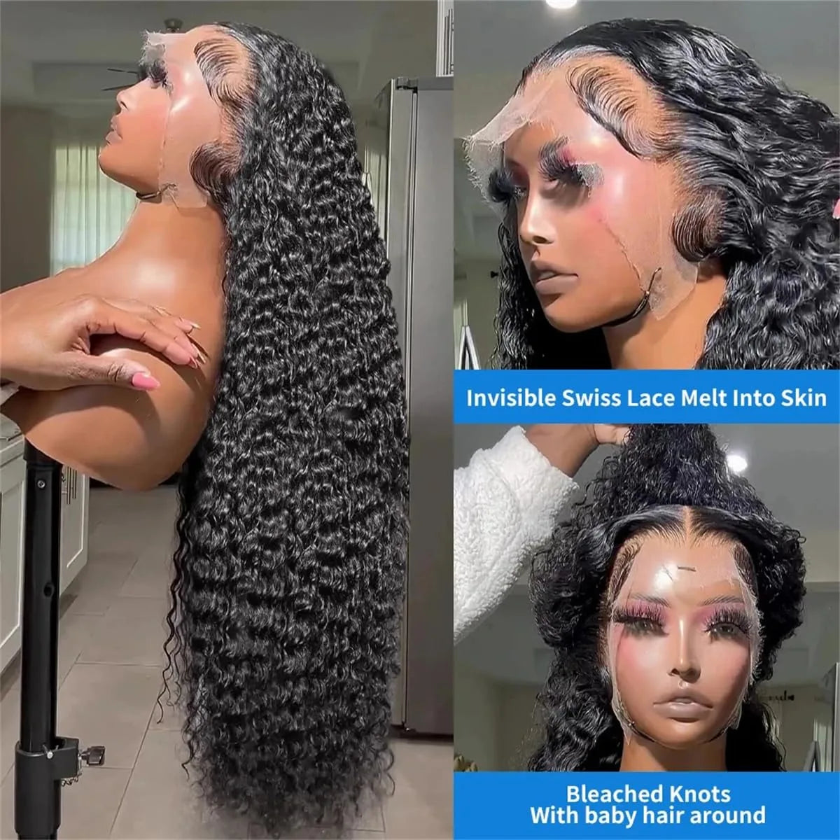 Women's Water Curly 13X4 HD Transparent Front Human Hair Wigs Deep Wave 13X4 Lace Frontal Wig