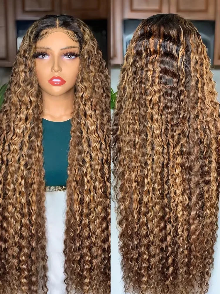 4/27 Highlight Ombre 5x5 Glueless Human Hair Wigs Curly 32 42 Inch Brown Deep Wave 13x6 13x4 HD Lace Frontal Human Hair Wig