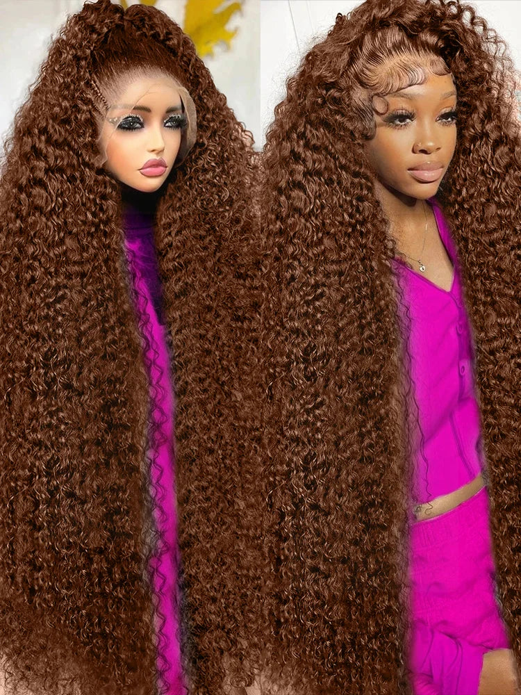 Curly Wave Chocolate Brown Coroled High Density 30 Inch Human Hair 13x6 Hd Transparent Lace Frontal Wig Brazilian Hair For Women