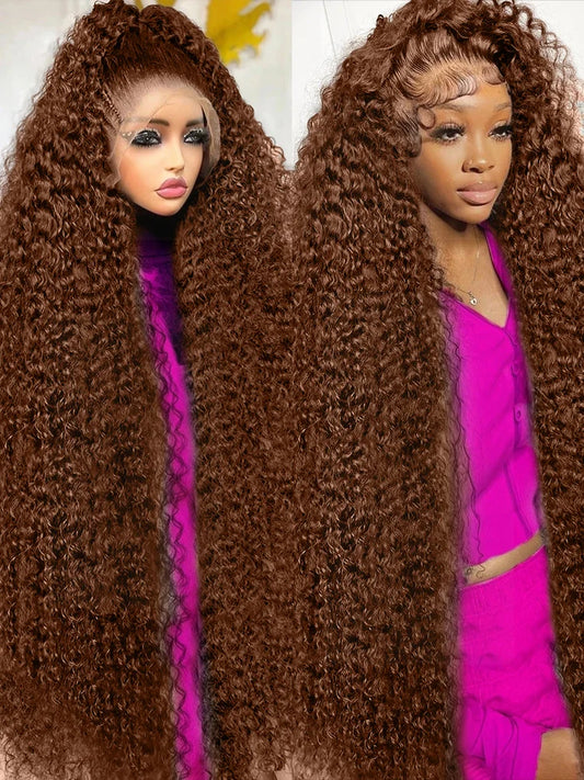 Curly Wave Chocolate Brown Coroled High Density 30 Inch Human Hair 13x6 Hd Transparent Lace Frontal Wig Brazilian Hair For Women