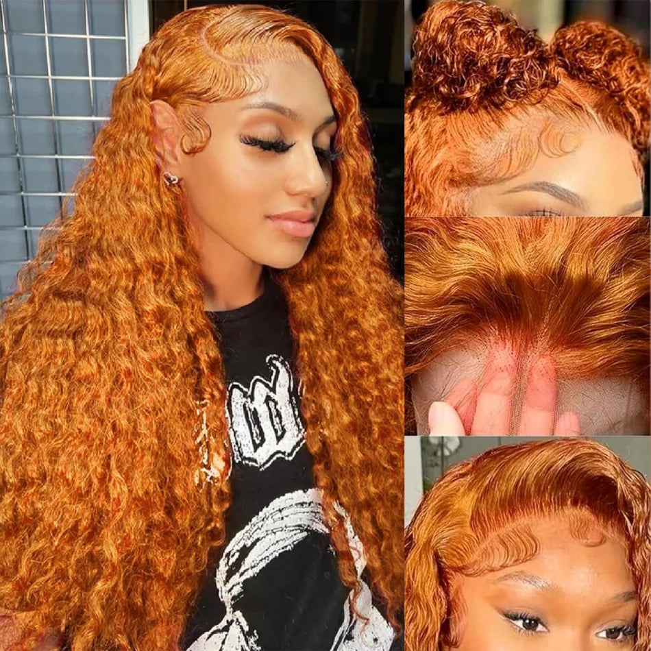 Deep Wave Frontal Wig 13X6 Human Hair Ginger Human Hair Wig 30 Inch Lace Front Wig Colored Brazilian Curly 220 Density For Women