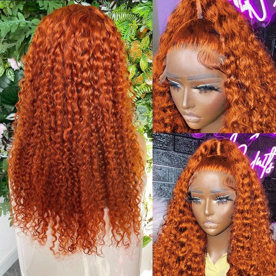 250 Density Orange Ginger 13x6 Transparent Deep Wave Lace Frontal Human Hair Wig 30 40 Inch 13x4 Lace Front Wigs For Women