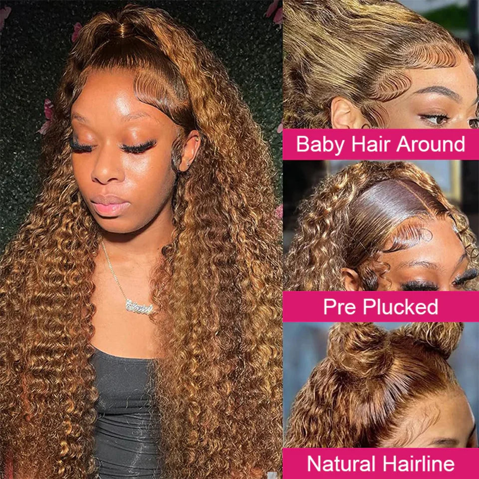 Deep Wave Highlight Lace Front Wigs Human Hair 200 Density Deep Curly Ombre Honey Blonde 4/27 13x6 HD Transparent Lace Front Wig