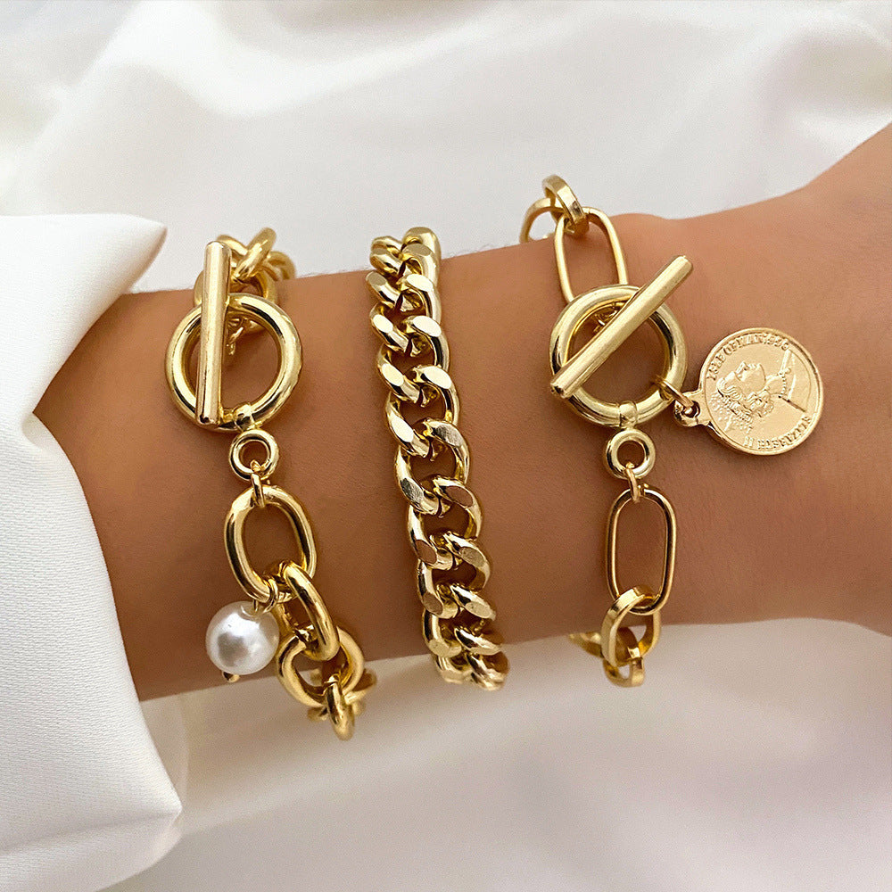 Bracelet Set Ins Design Niche Pearl Love Coin Jewelry Women 3-piece Set